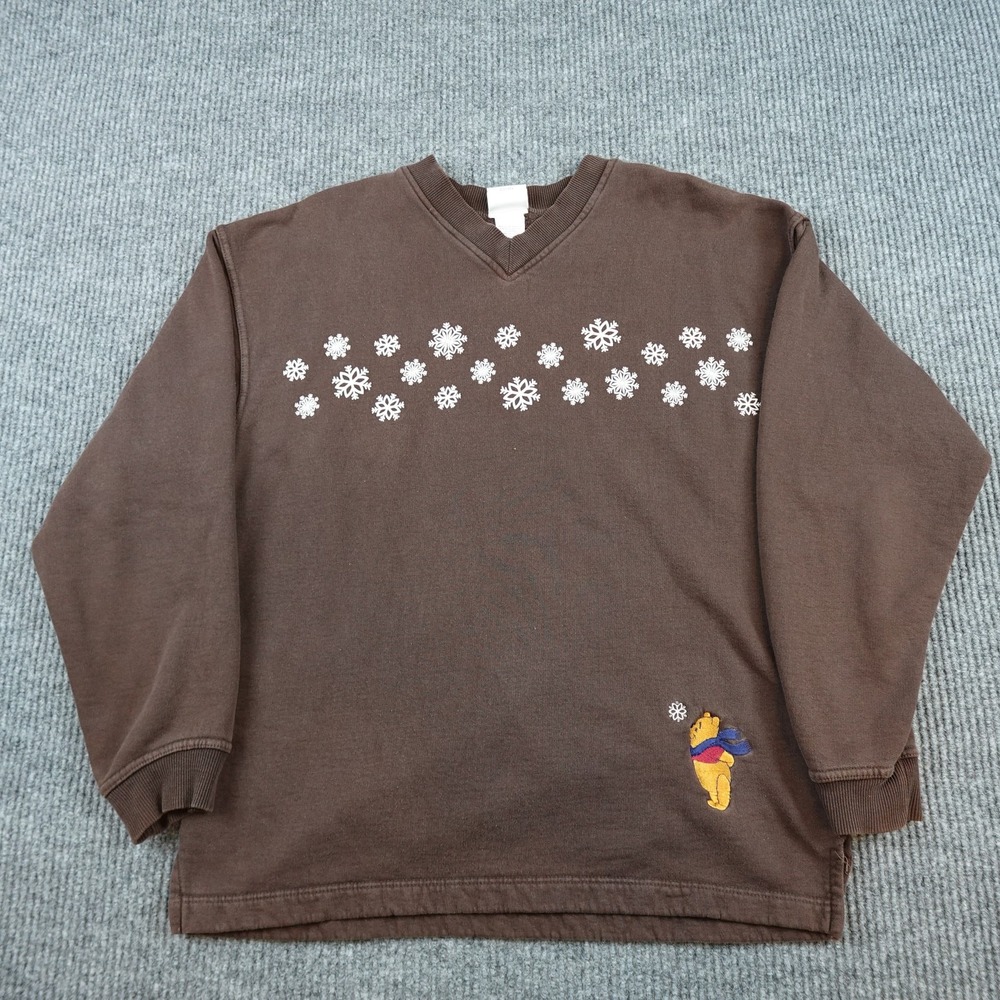 Vintage Disney Store Sweatshirt Mens Medium Brown Fleece V Neck Pooh Snowflake